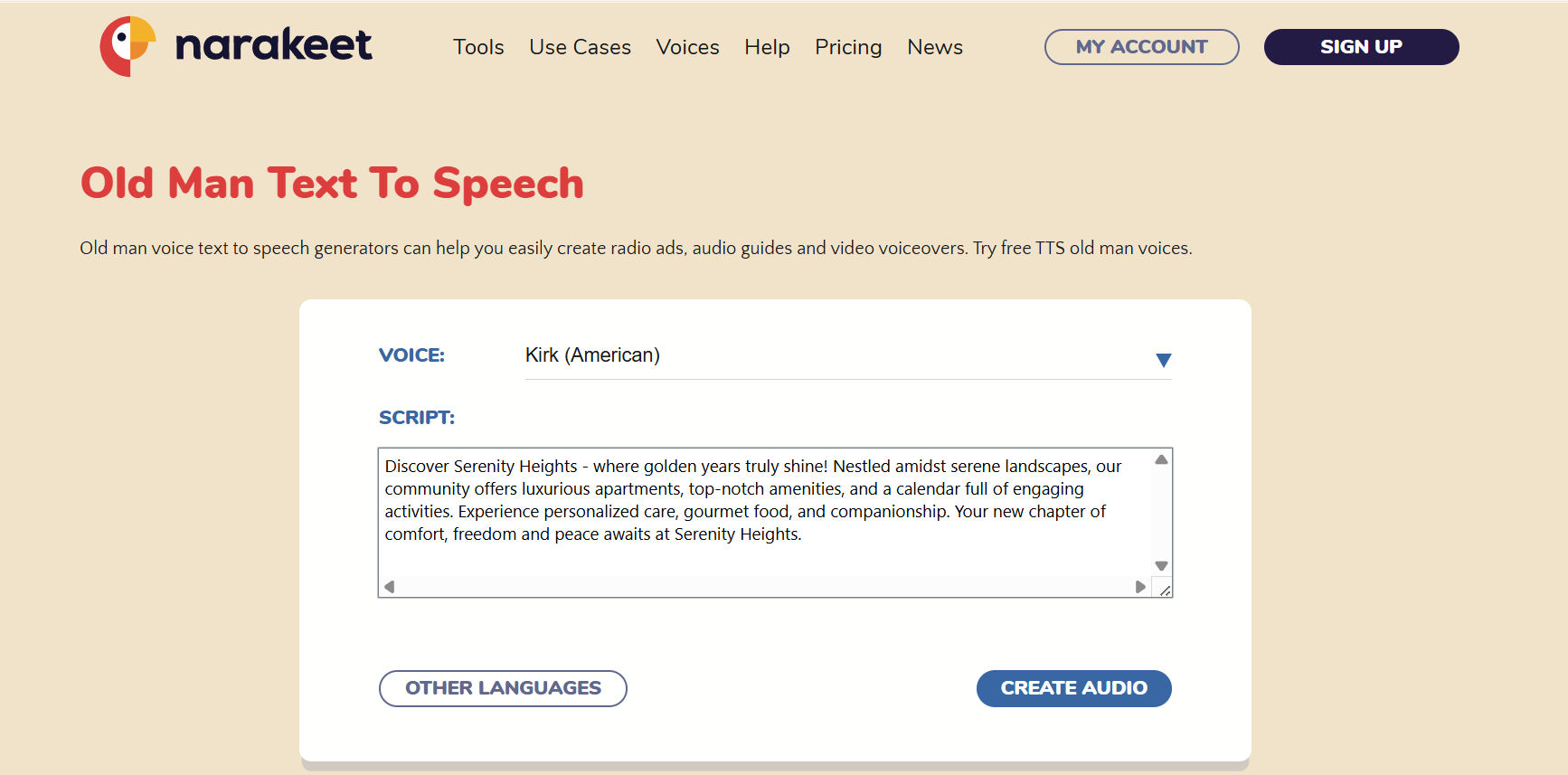 Инструмент преобразования текста в речь Narakeet для имитации голоса пожилого мужчины.