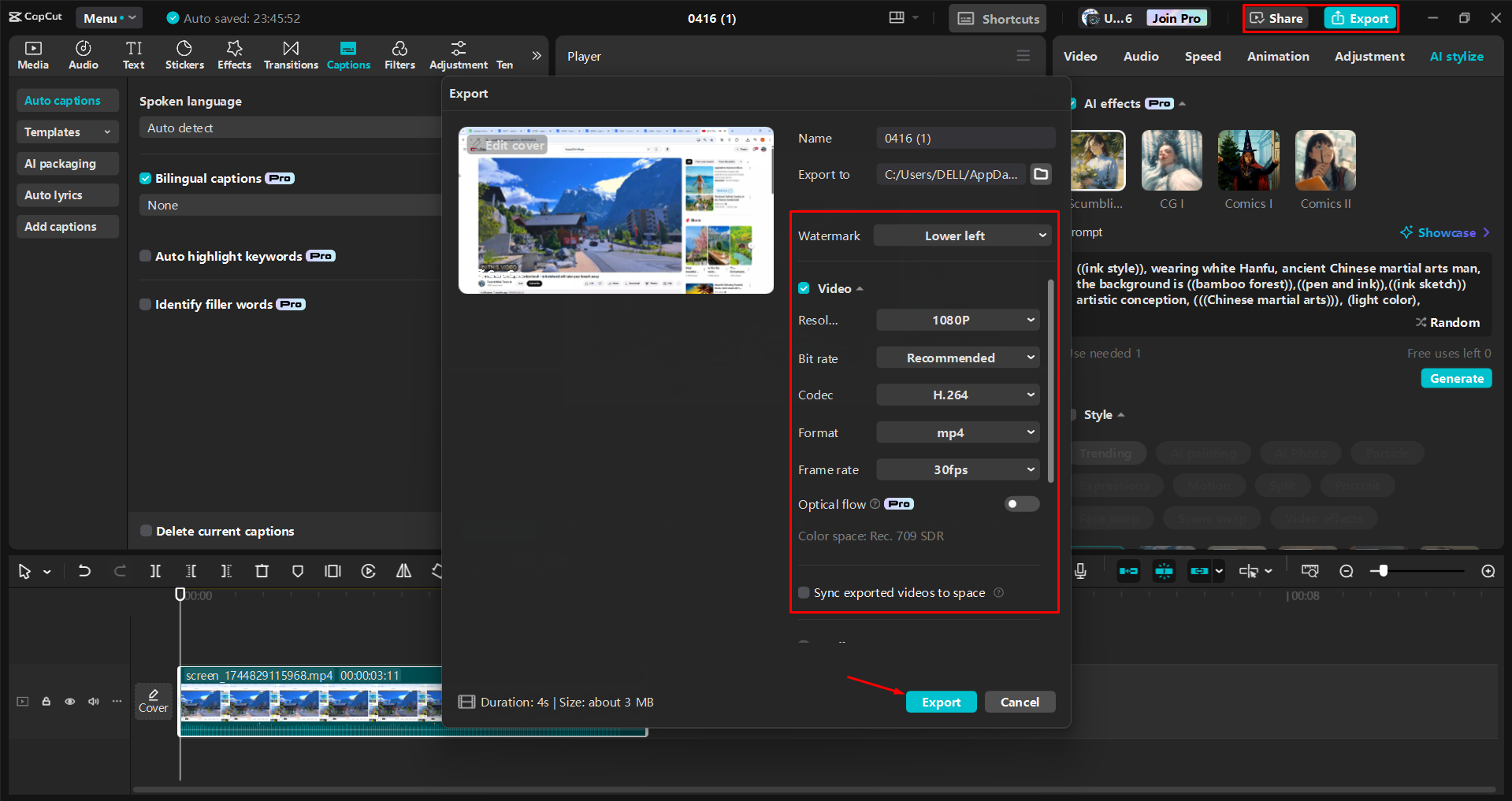 Exporting a video from the CapCut desktop video editor