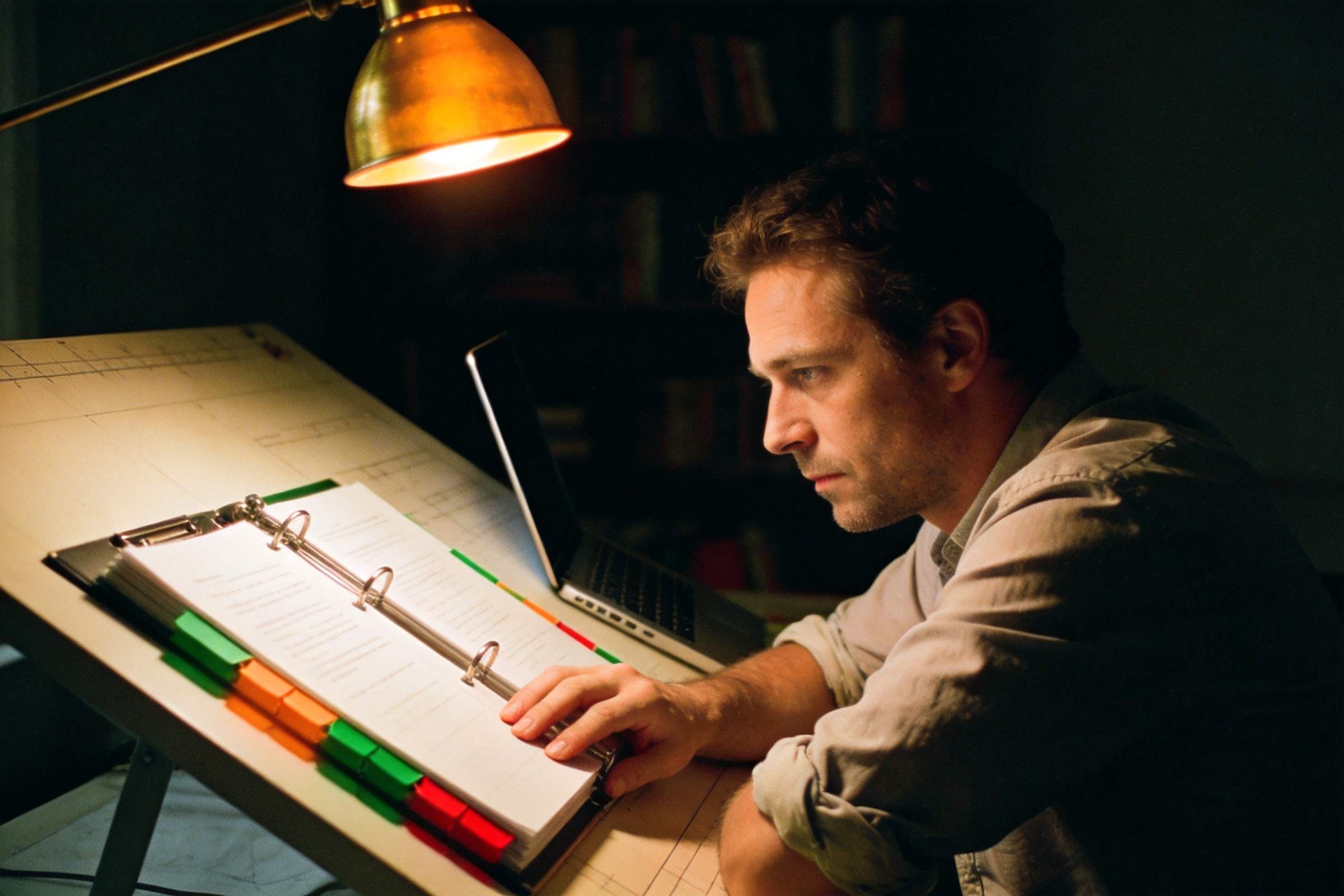 Man studying paperwork beside a laptop under a desk lamp