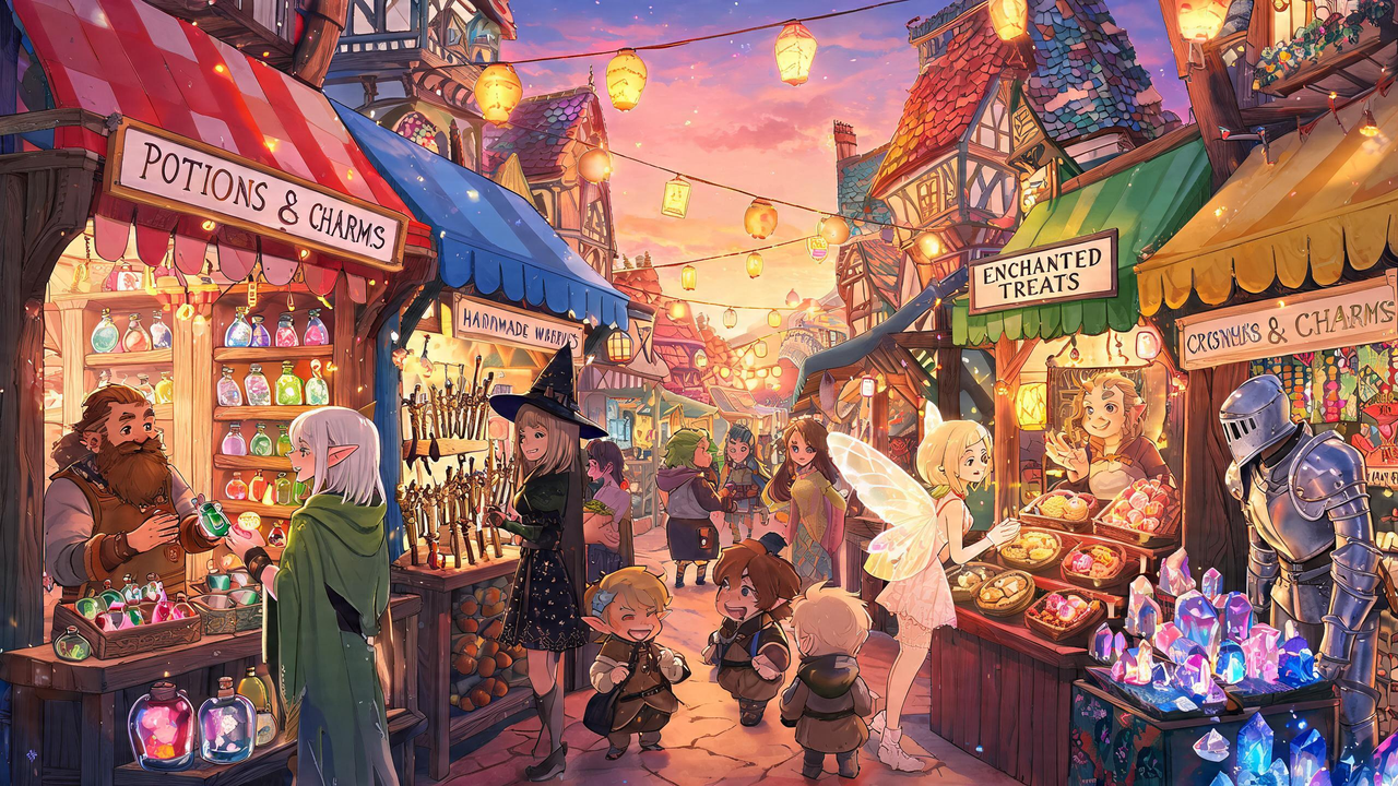 Enchanted marketplace filled with fantasy characters
