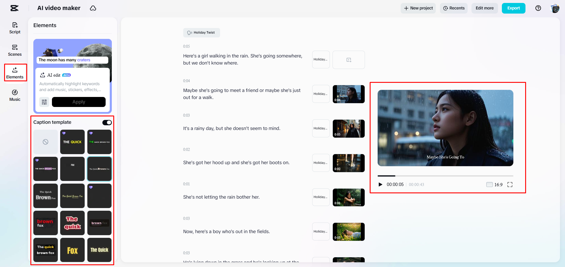 Adding captions to a video on CapCut Web