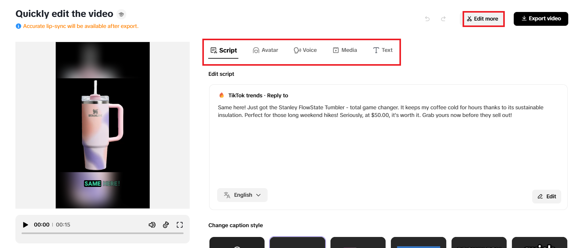 Quick editing options