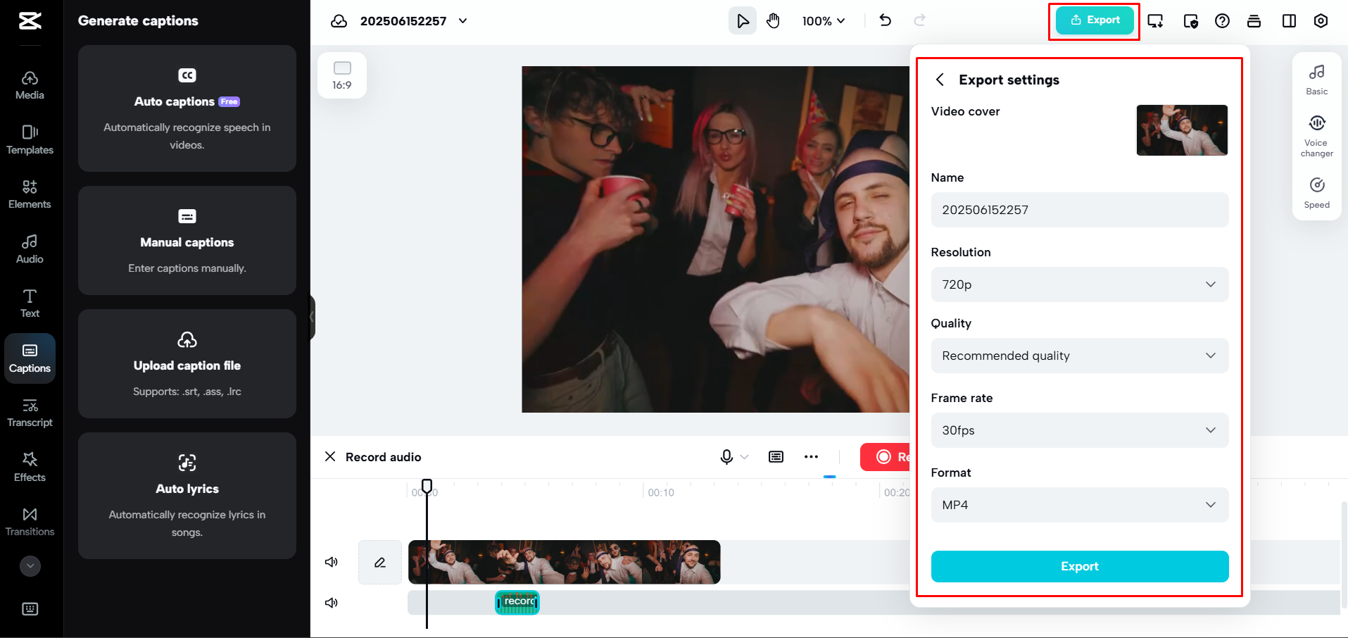 Downloading edited audio using CapCut Web