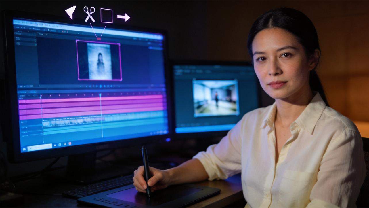 Woman editing video on dual monitors with a pen tablet
