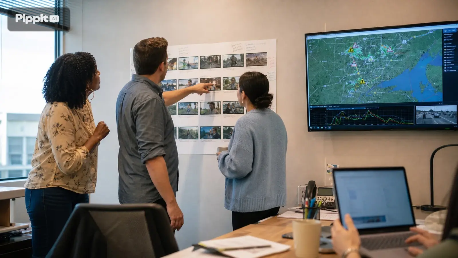 Three coworkers review a wall of video thumbnails and a map with alerts on a monitor