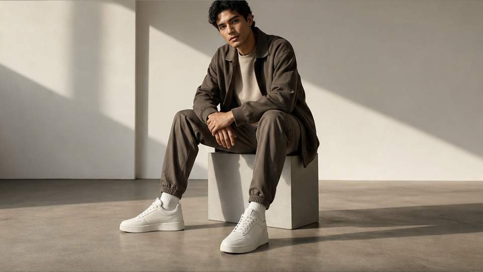 AI Shoe Model Generator — a fashion model wearing the shoes in an urban setting