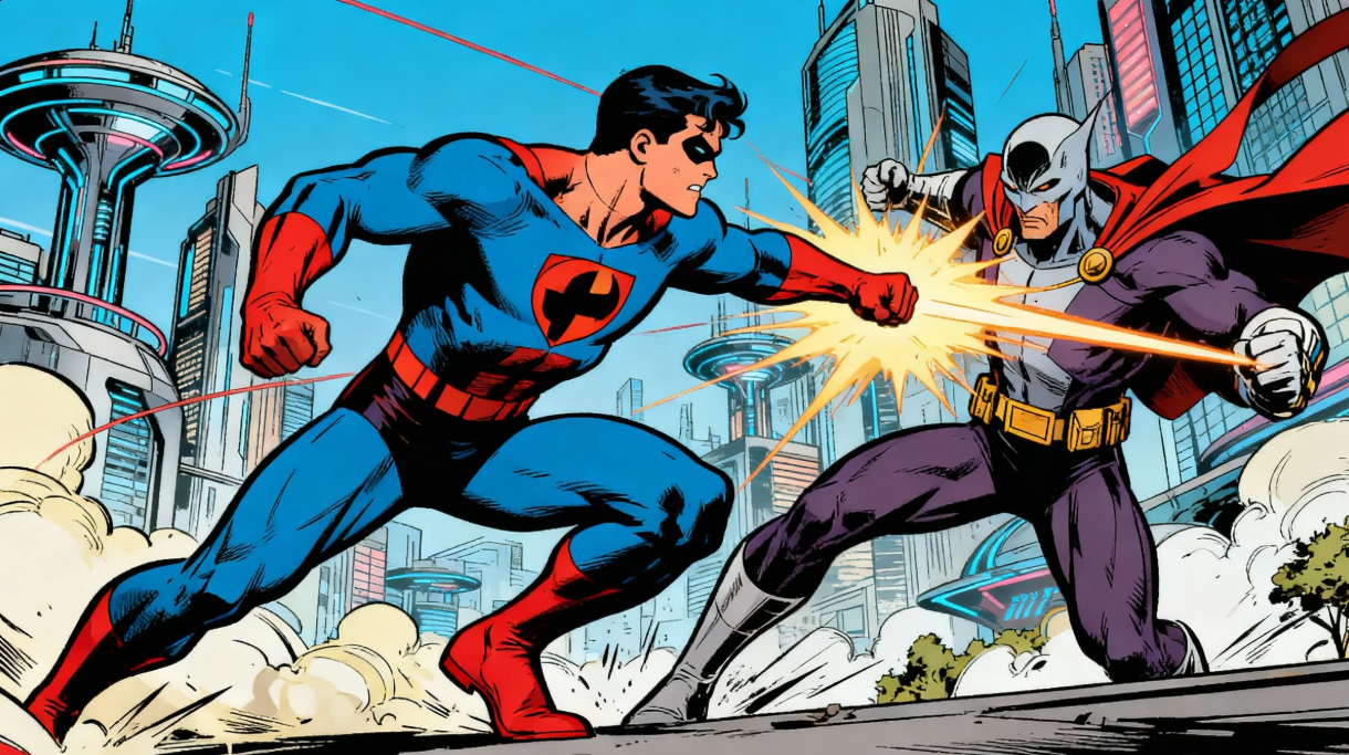 Comic hero fighting villains