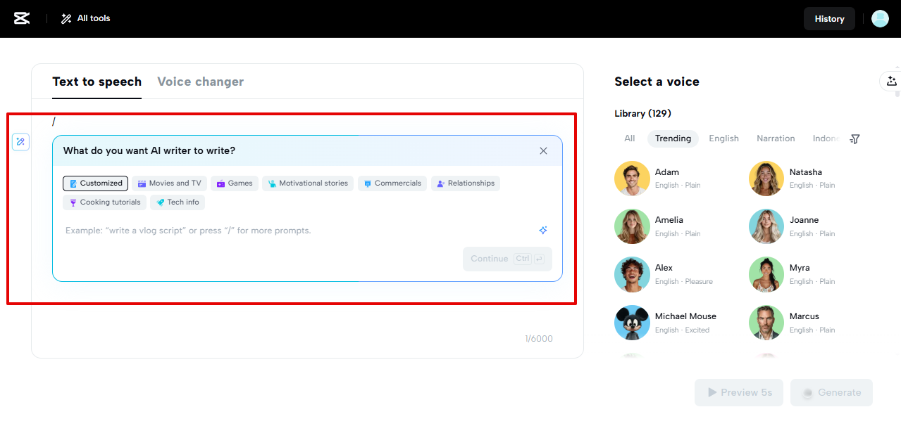 Escritor com IA na ferramenta de conversão de texto em fala do CapCut Web
