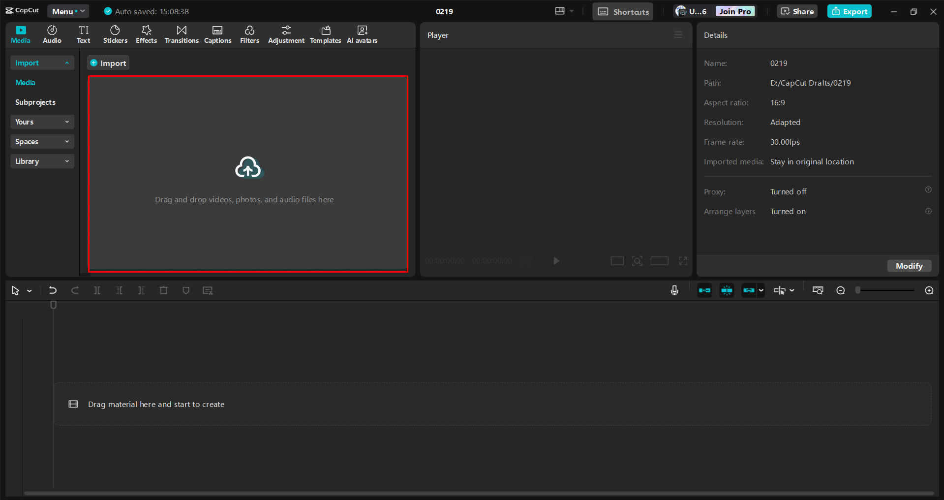 Importer une vidéo dans l' CapCut éditeur vidéo de bureau
