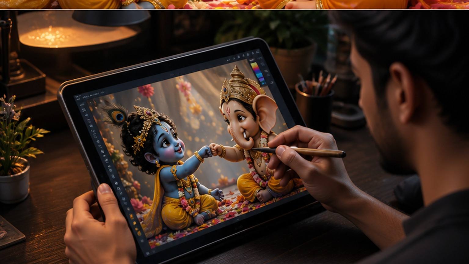 Ganesh Ji and Laddu Gopal Fist Bump Photo Prompt hero image