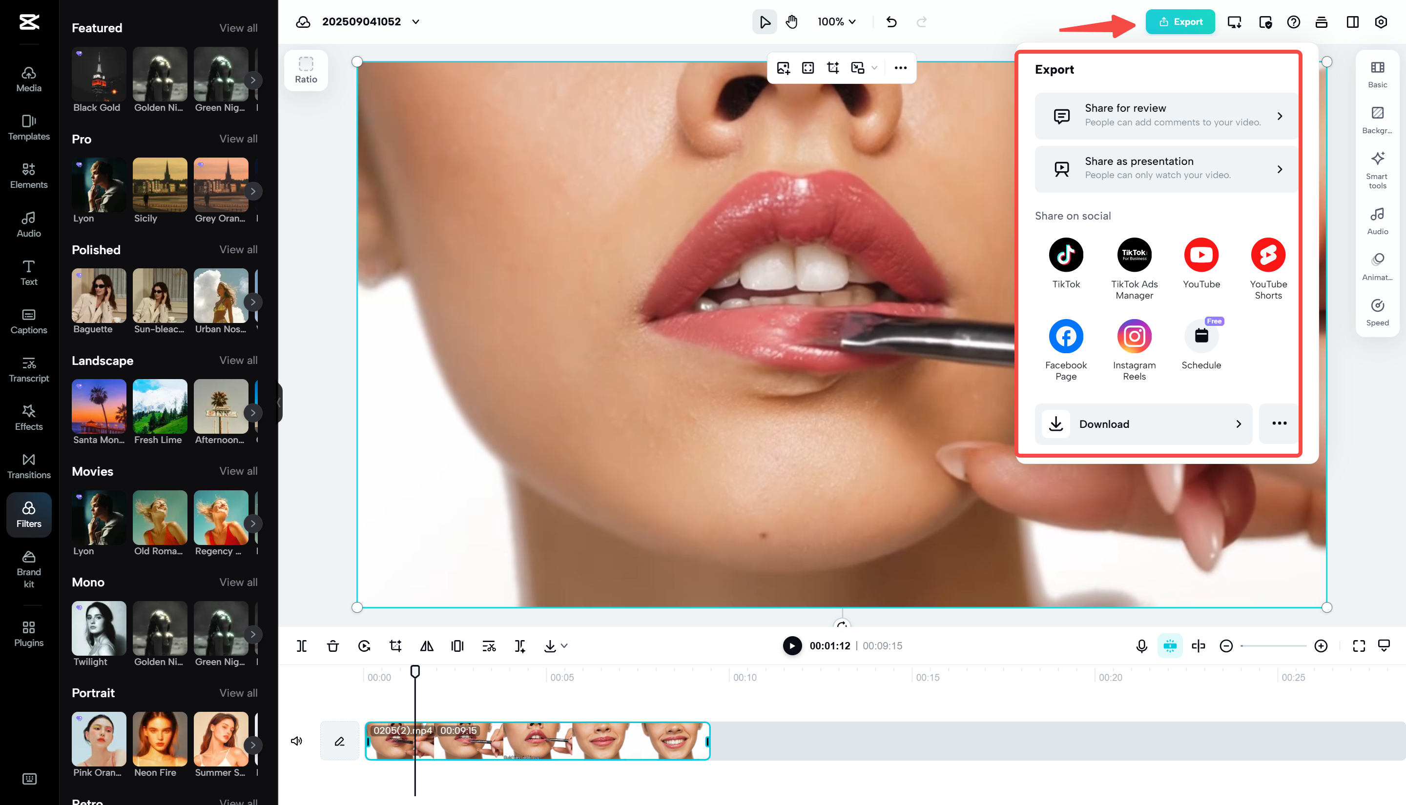 Exporting the video from CapCut Web