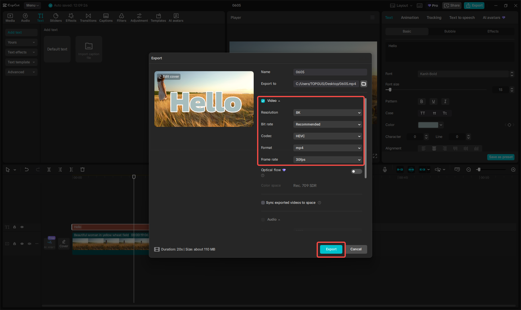 Exporting the video in CapCut