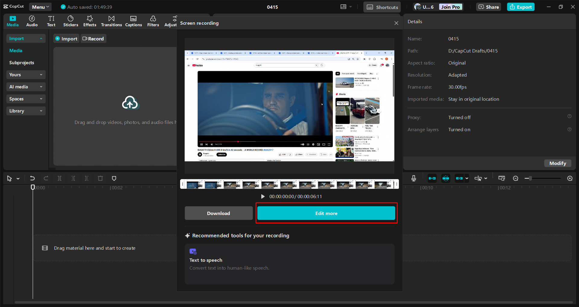 Skrin rakaman dengan CapCut editor video desktop