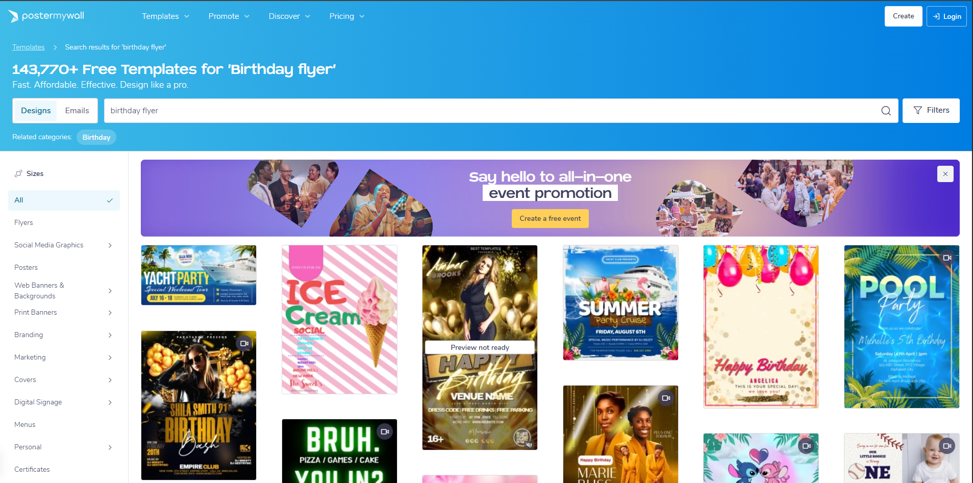 Интерфейс PosterMyWall - идеальный инструмент для получения шаблонов флаеров на день рождения