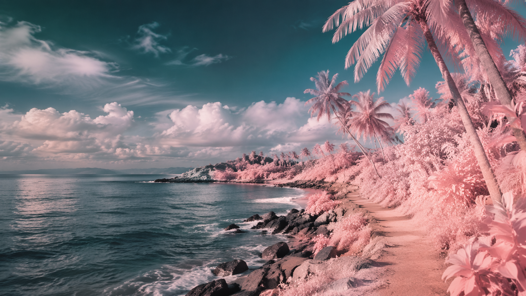 Dreamina Infrared Photo Filter podpowiedź przykład 6: Podczerwone palmy przybrzeżne