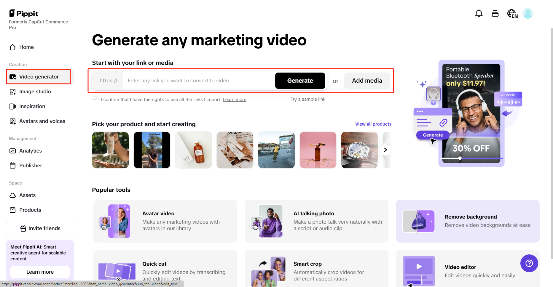 Pippit one-click video solution