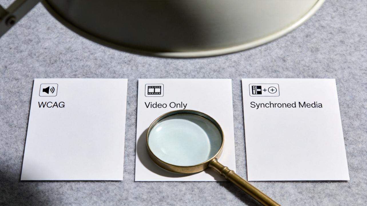 Magnifying glass over a card labeled Video Only beside cards labeled WCAG and Synchronized Media