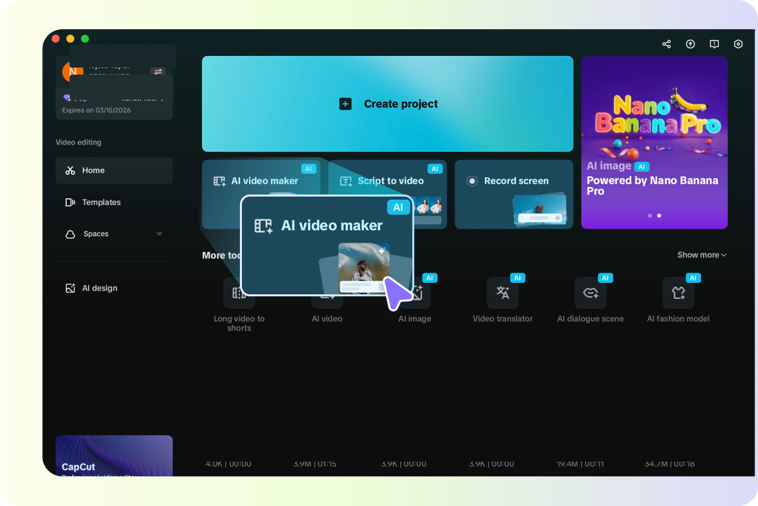 Accessing the AI video maker in Capcut 