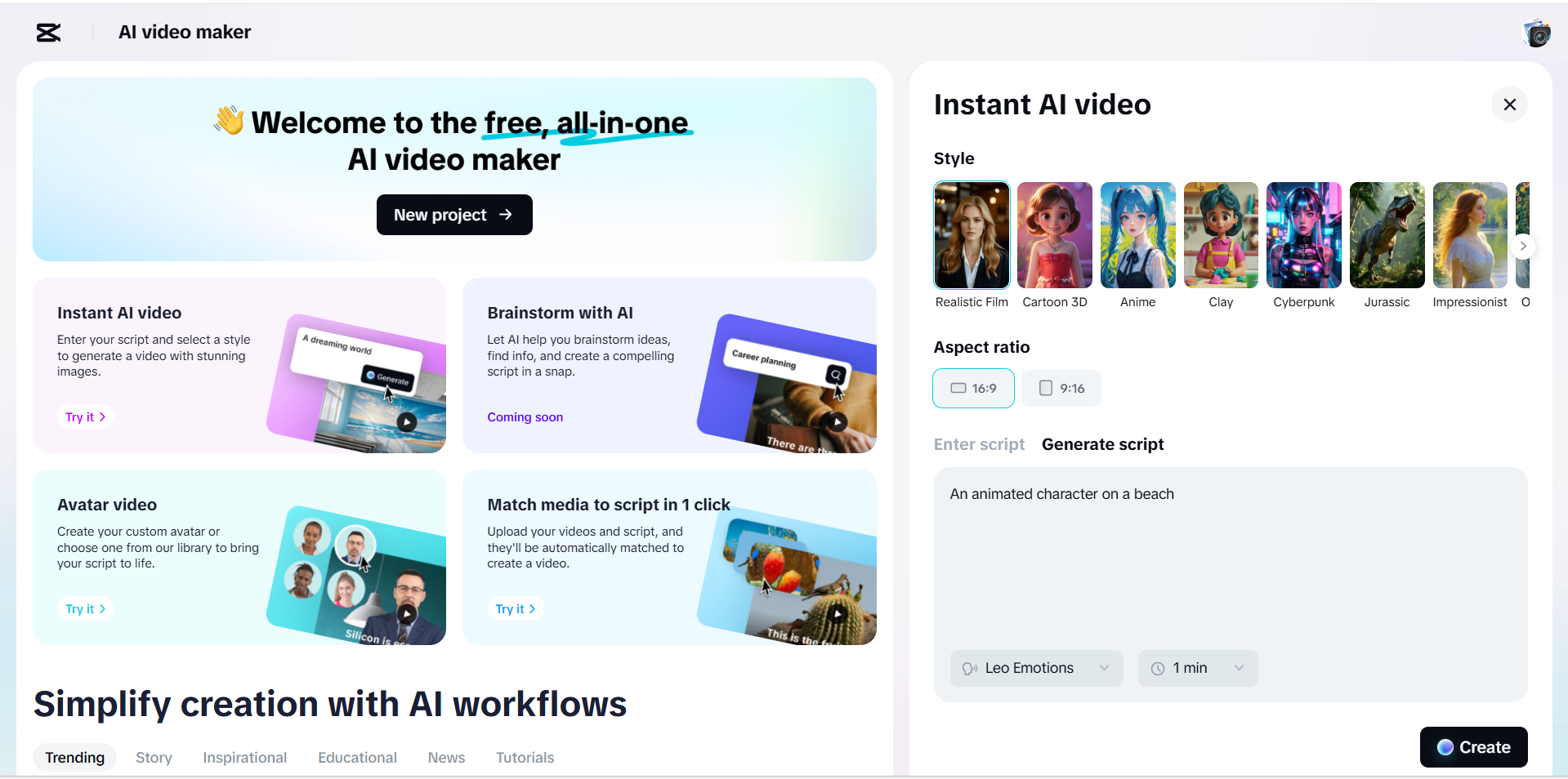 Generating a script and creating an animated video with CapCut's AI video maker