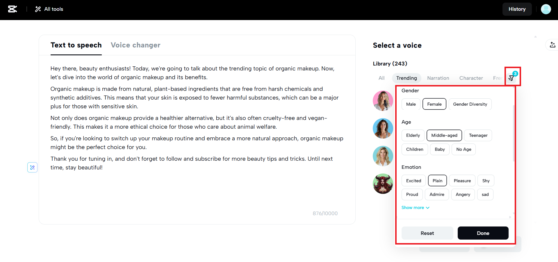 Filter anwenden, um die perfekten Stimmen zu finden