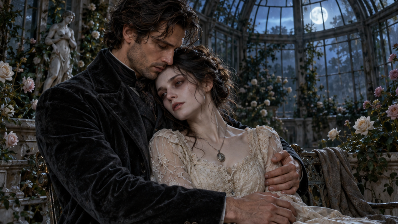 Premium 16:9 cinematic illustrative keyframe of an original adult human man with natural skin in charcoal velvet coat tenderly embracing his zombie-transformed adult woman partner in faded ivory dress and silver pendant, subtle pale makeup and shadowed eyes but intact skin, sadness and affection, moonlit abandoned conservatory with roses, natural hands, no gore.