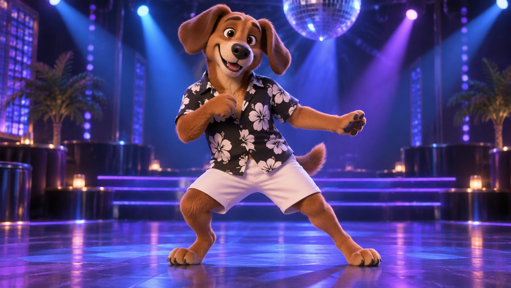 Personaje original de perro marrón con camisa floral y pantalones cortos blancos en un escenario de baile