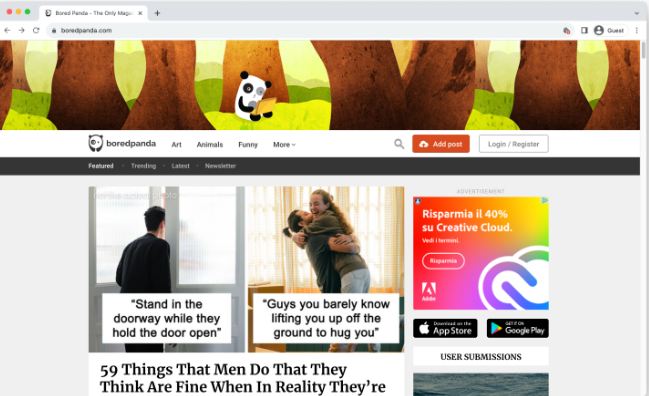 Interface de BoredPanda - l'endroit le plus apprécié pour promouvoir les vidéos YouTube