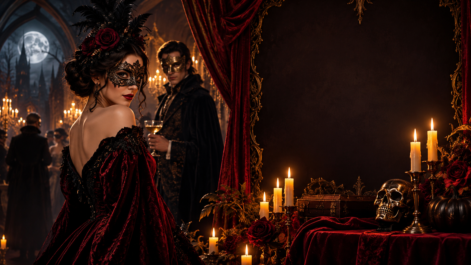 Gothic costume party poster: Stylized gothic Halloween costume party poster artwork with candles and velvet, blank headline and event-information space, no text