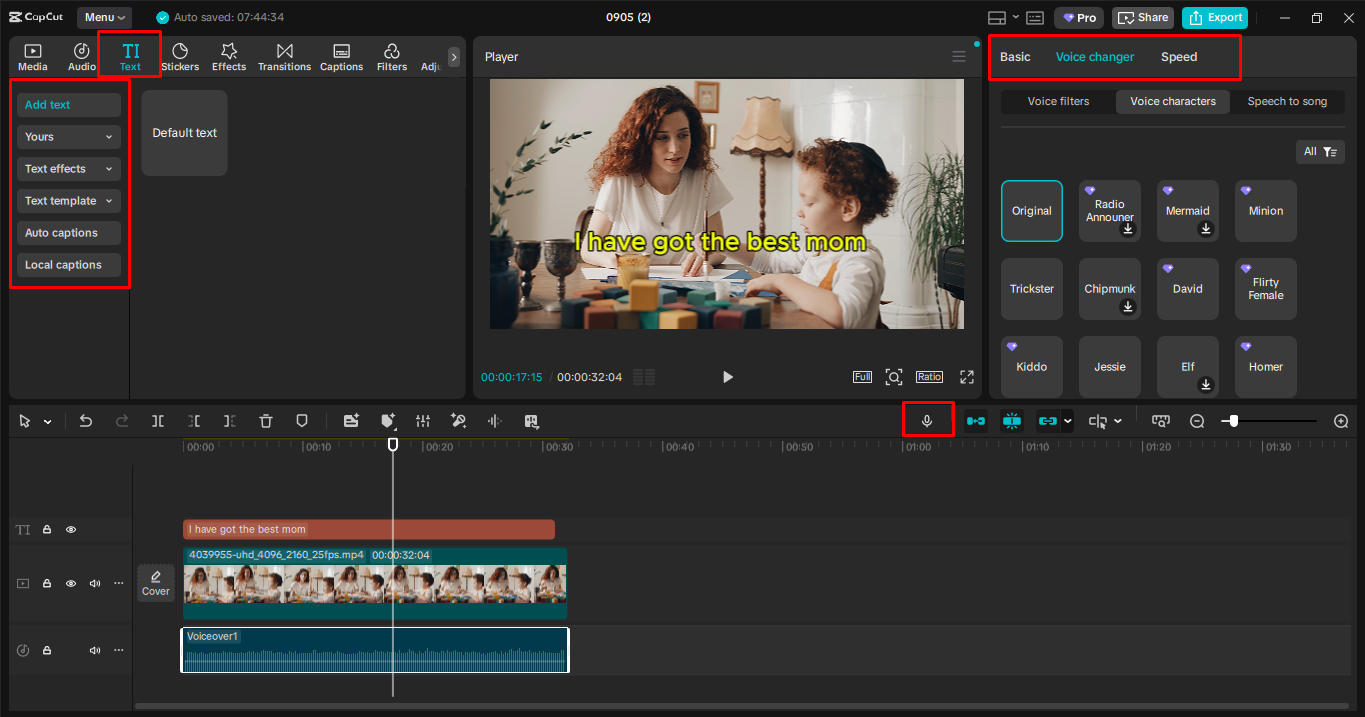 Aplicando o efeito modificador de voz infantil no editor de vídeo de desktop CapCut