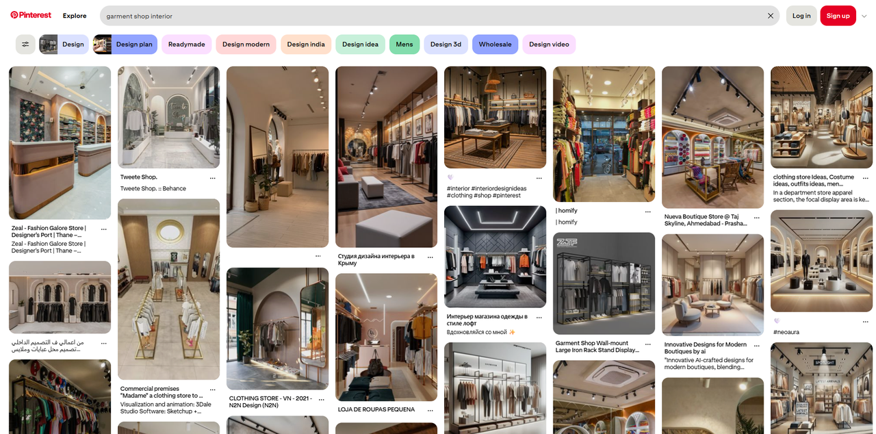 Interface of Pinterest - a site with versatile garment shop interior designs