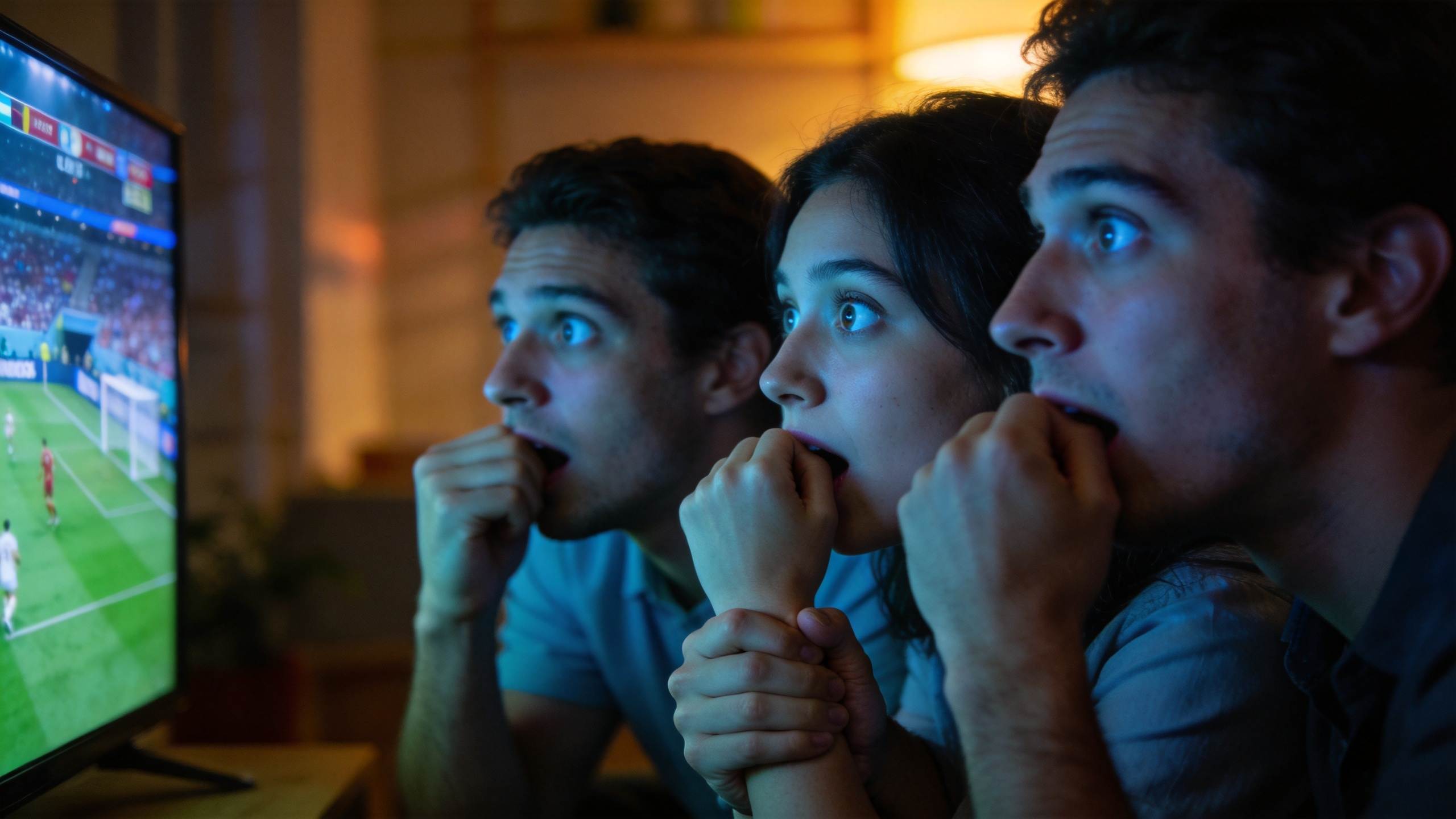 Three people watch a football match on TV, looking tense and shocked
