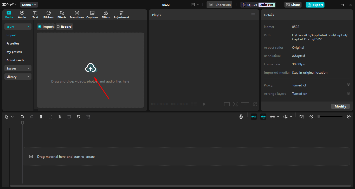 Importing an image to the CapCut desktop video editor
