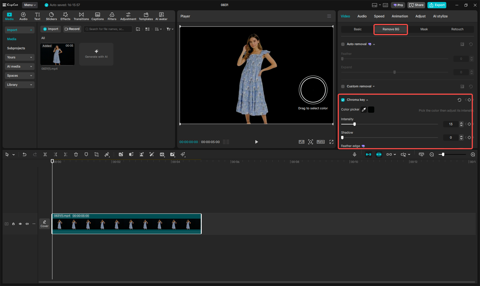 Removing the solid black colored background in CapCut