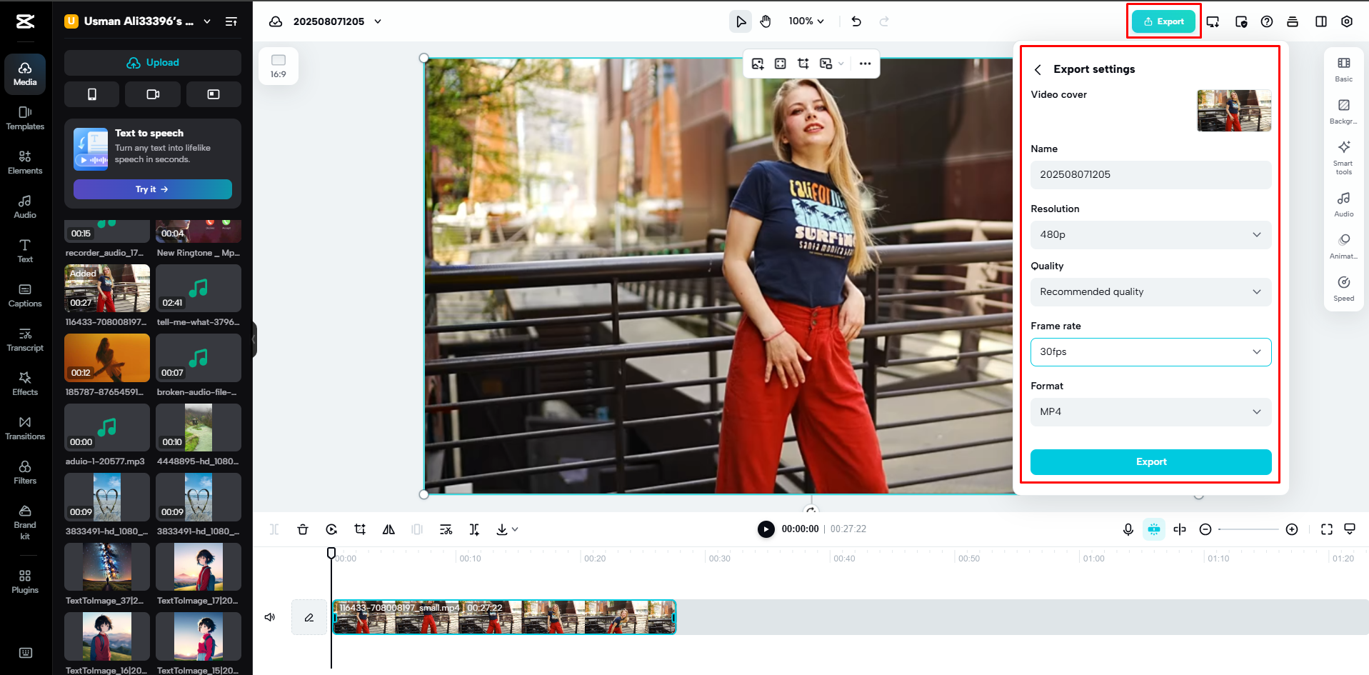 Exportieren eines Videos aus CapCut Web