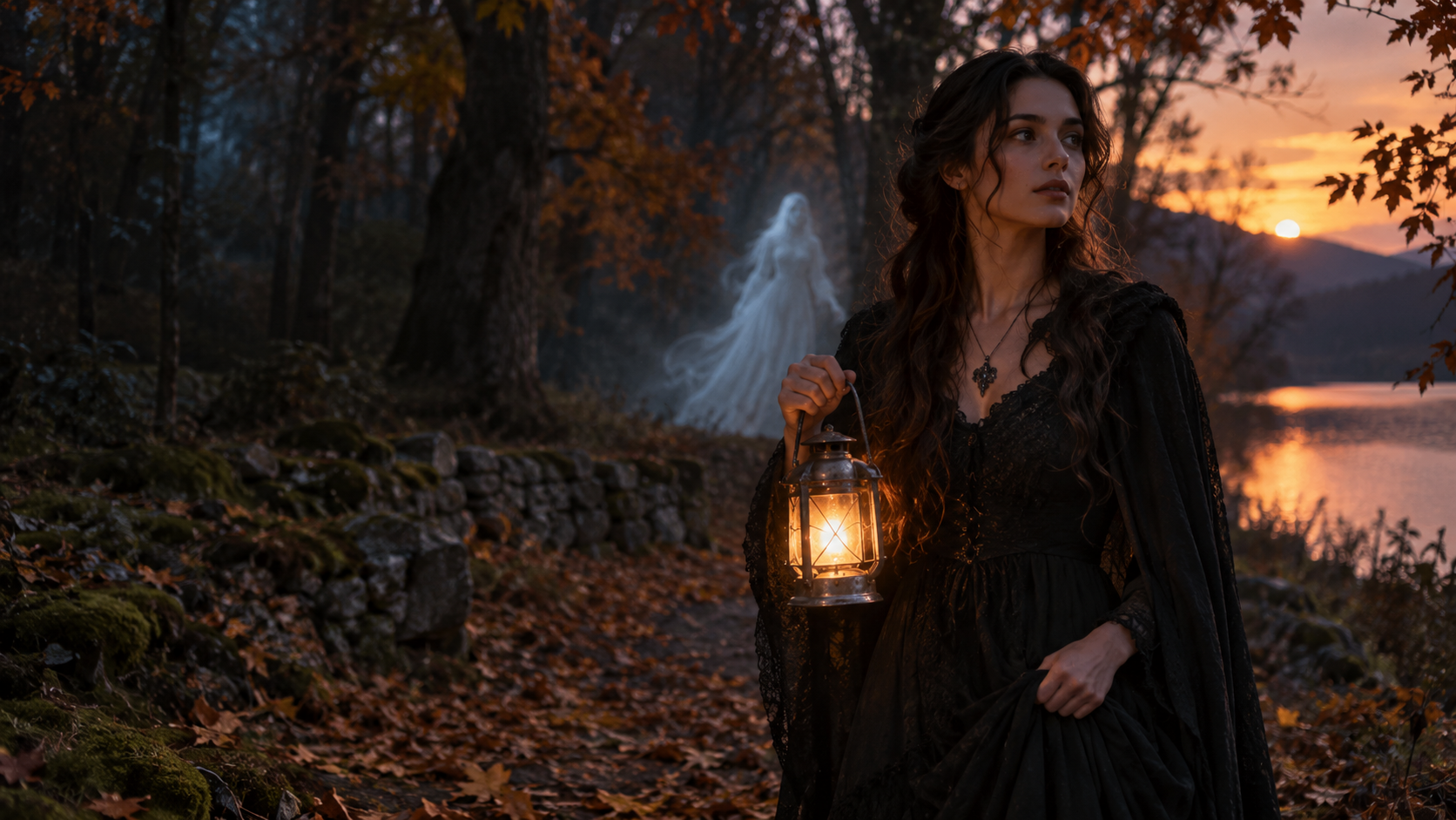 Forest Spirit Portrait: A fictional adult person among autumn trees at dusk, with a single luminous translucent spirit figure in the background, elegant eerie atmosphere, no horror gore.
