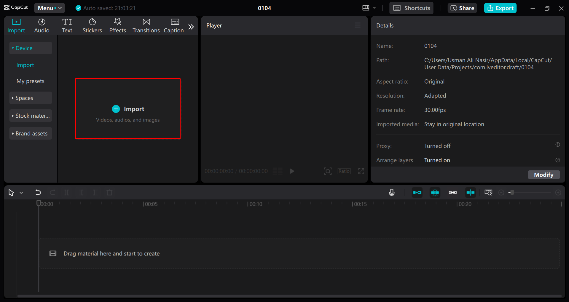 Teks ALT: Mengimport video ke dalam editor video desktop CapCut