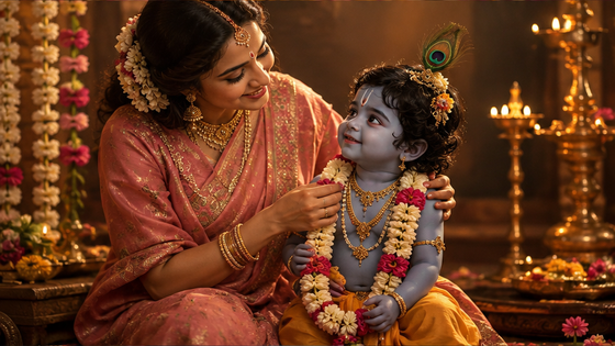 Sunny urban portrait of a fictional adult Krishna Janmashtami Mother Photo Prompt