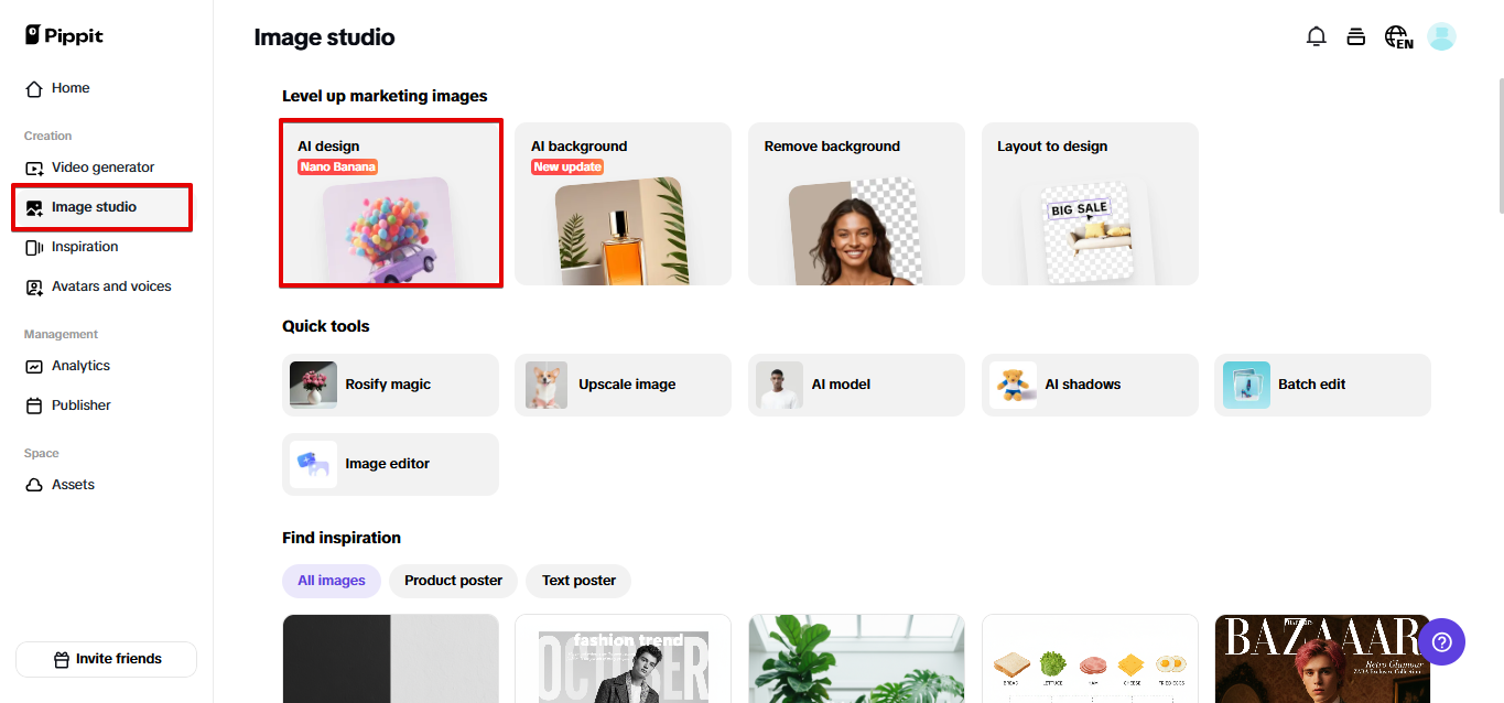 Pippit의 AI 디자인 도구 열기