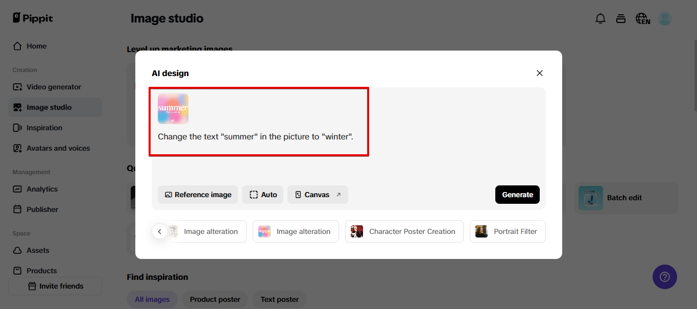 Prompt-based editing in Pippit