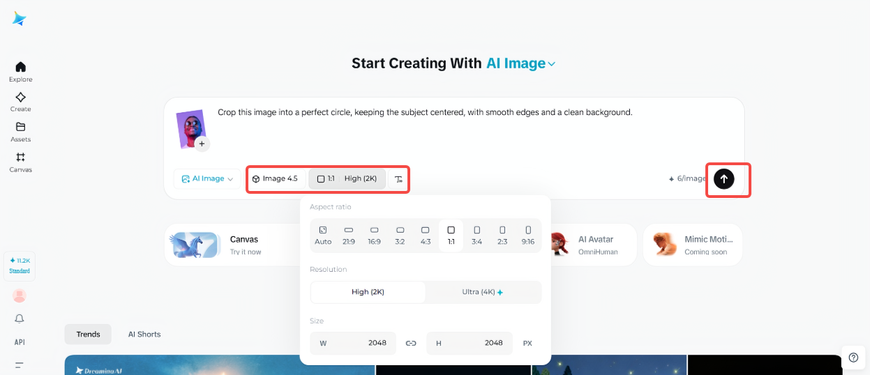 Cropping the image into a circle in Dreamina