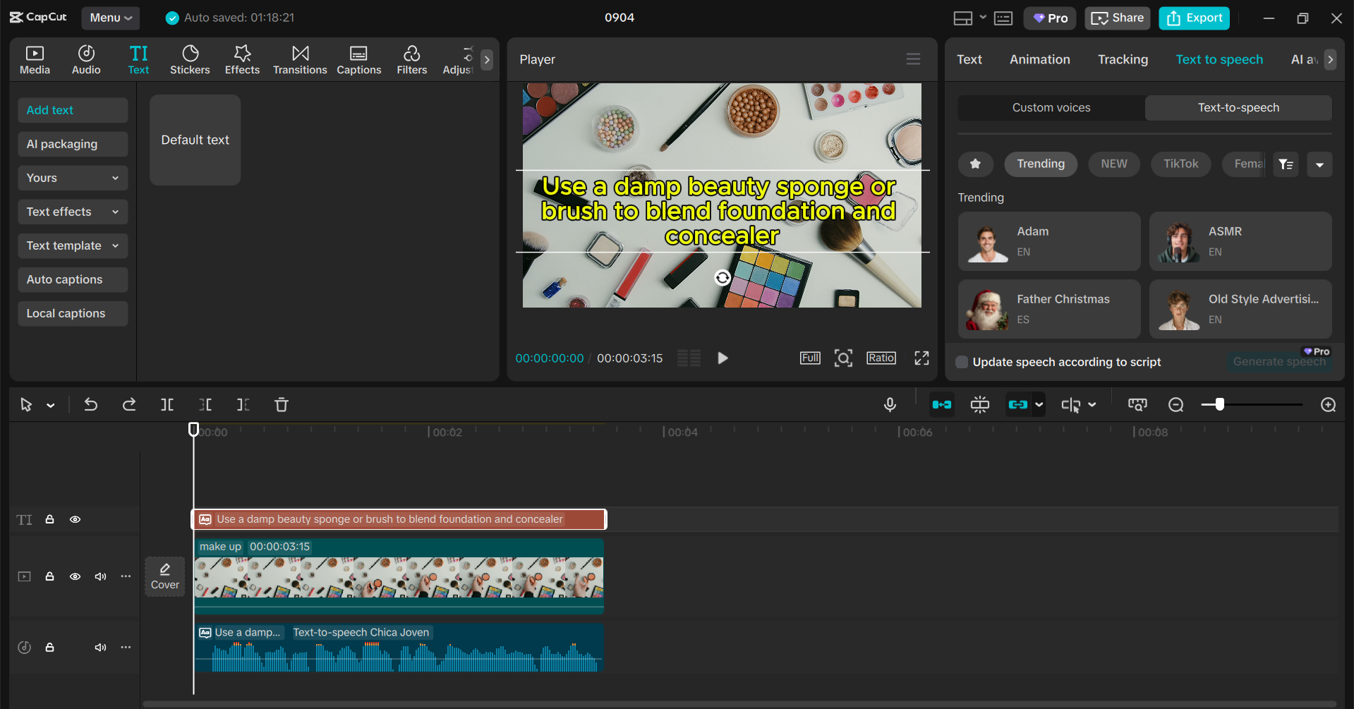 Rozhraní desktopového video editoru CapCut - rychlý a spolehlivý software pro konverzi textu do řeči