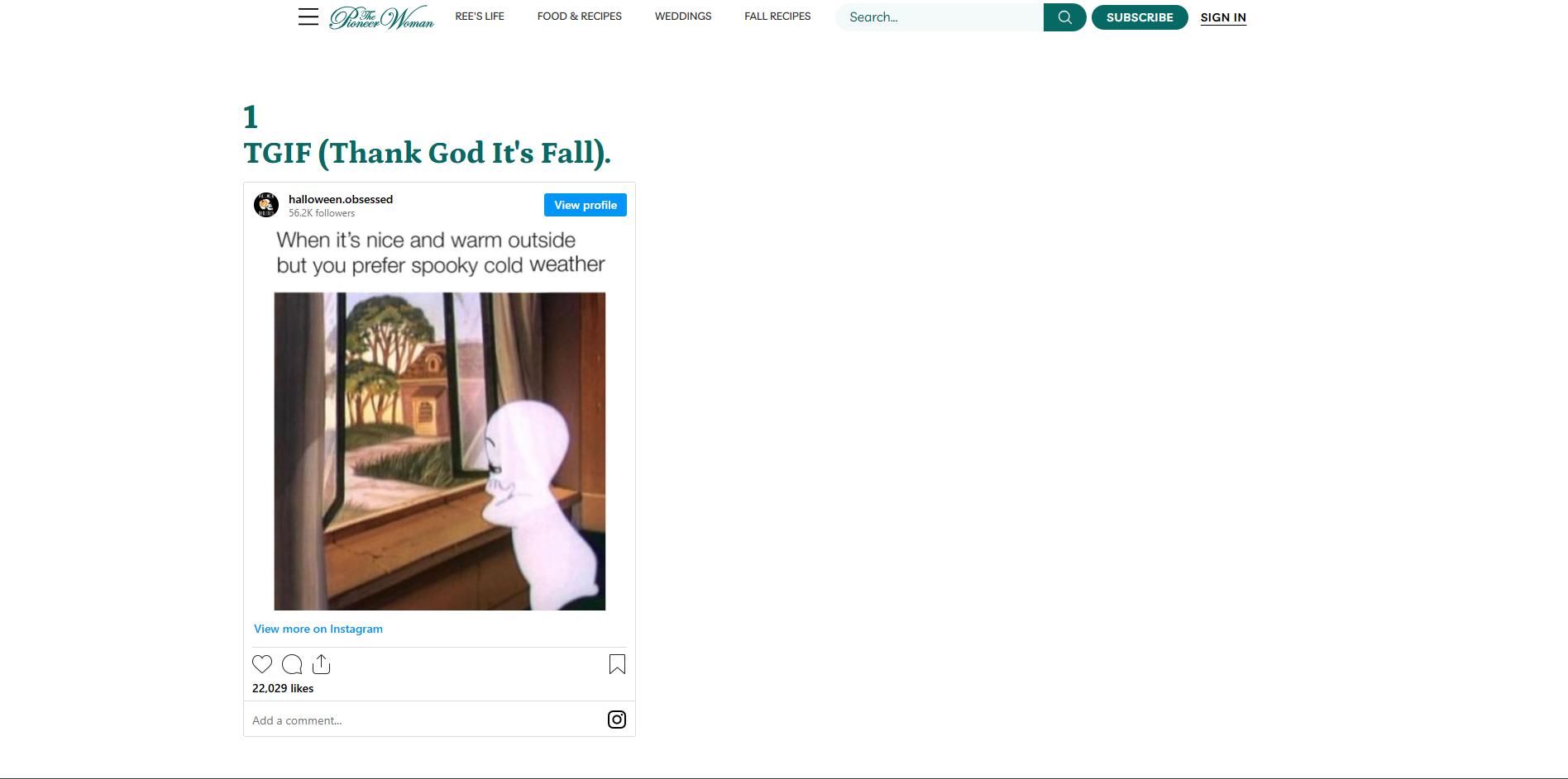 Interface of Pioneer Woman - a site with diverse Halloween memes