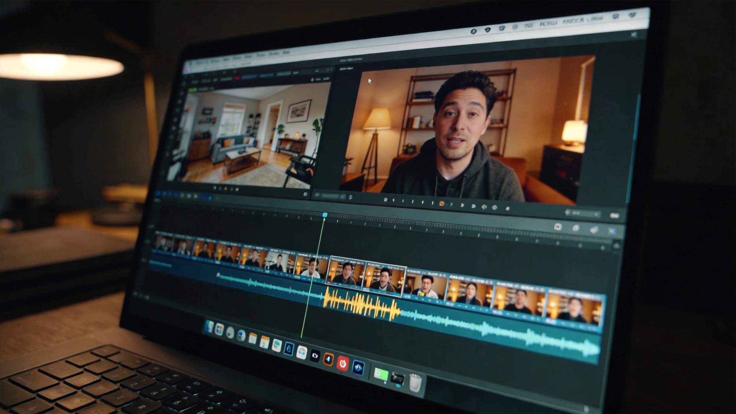 Laptop showing a video editor with two preview panes, timeline clips, and audio waveform