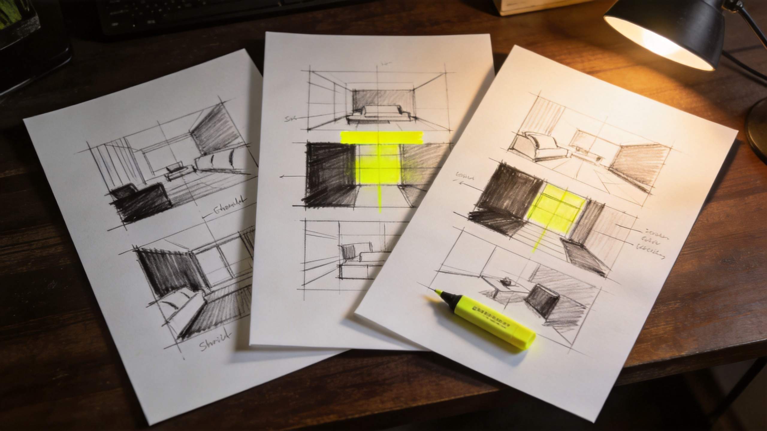 Three paper sketches of room layouts with yellow highlights on a wooden desk