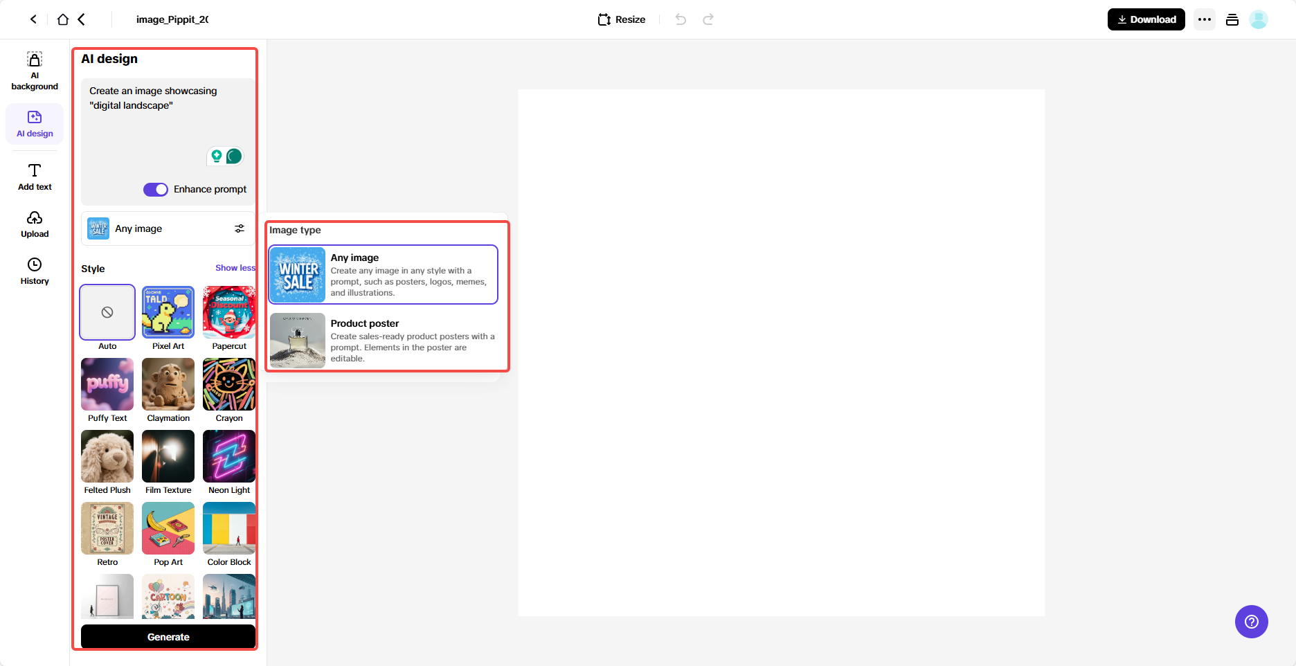 Acesse o design de IA e digite um prompt