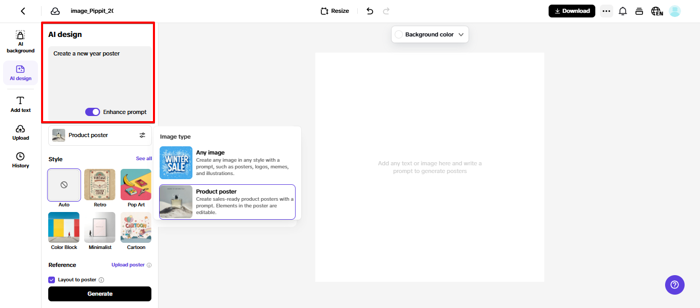 Einfügen eines Prompts für die Bilderstellung in Pippit