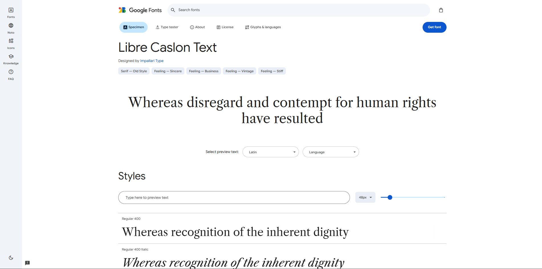 Interface of Google Fonts - the best place to find Caslon fonts