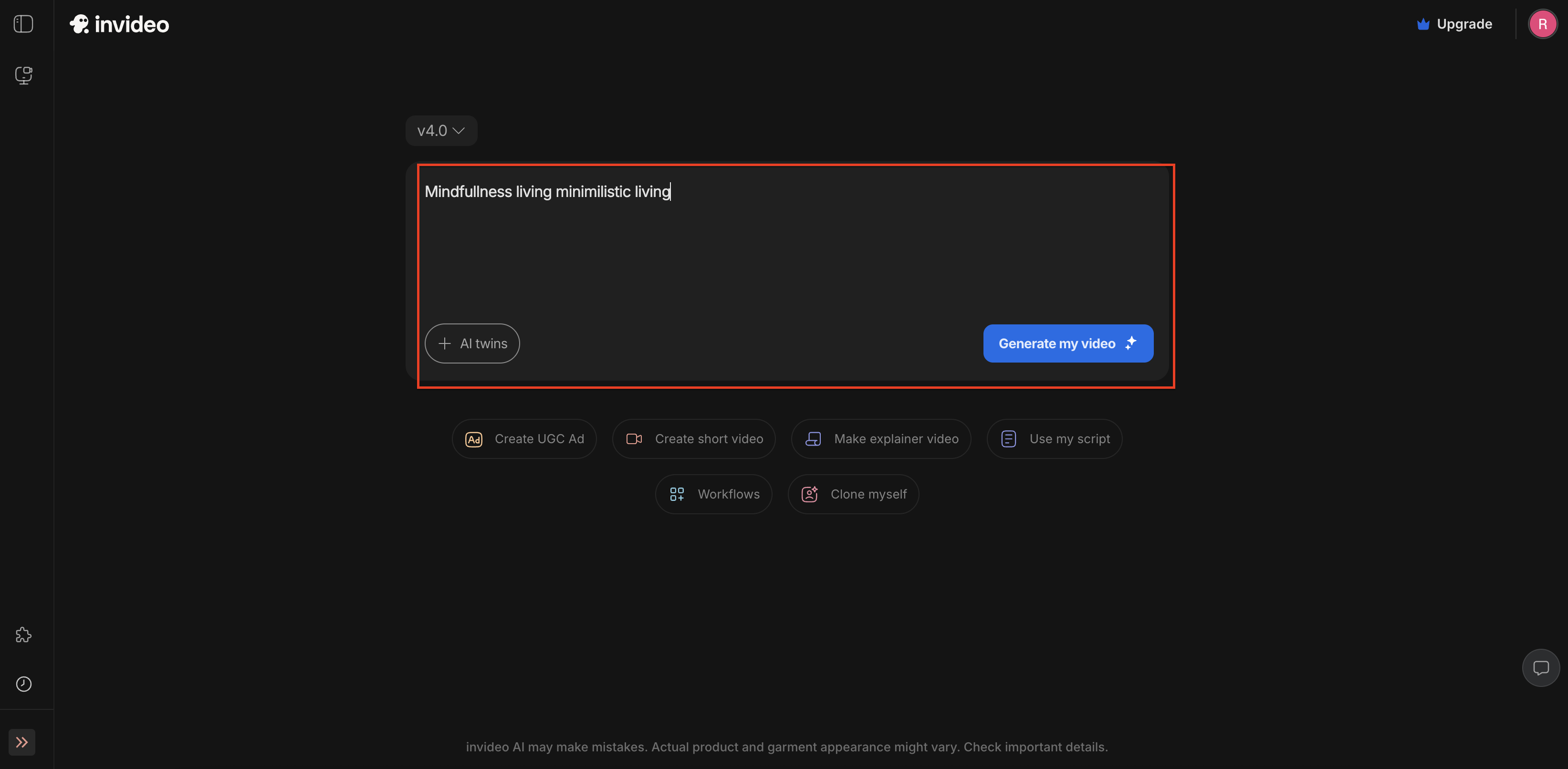 Input video topic or keyword for script generation in InVideo
