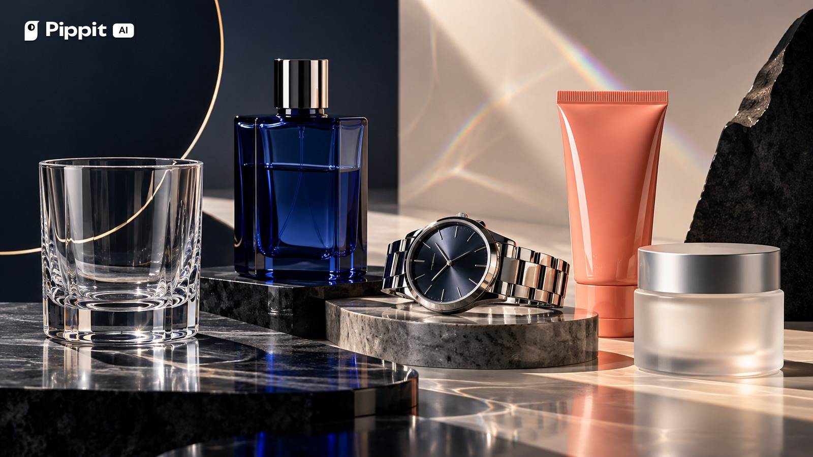 Clear glass, cobalt glass, a chrome watch, a coral glossy tube, and a frosted jar share a luxury studio set.