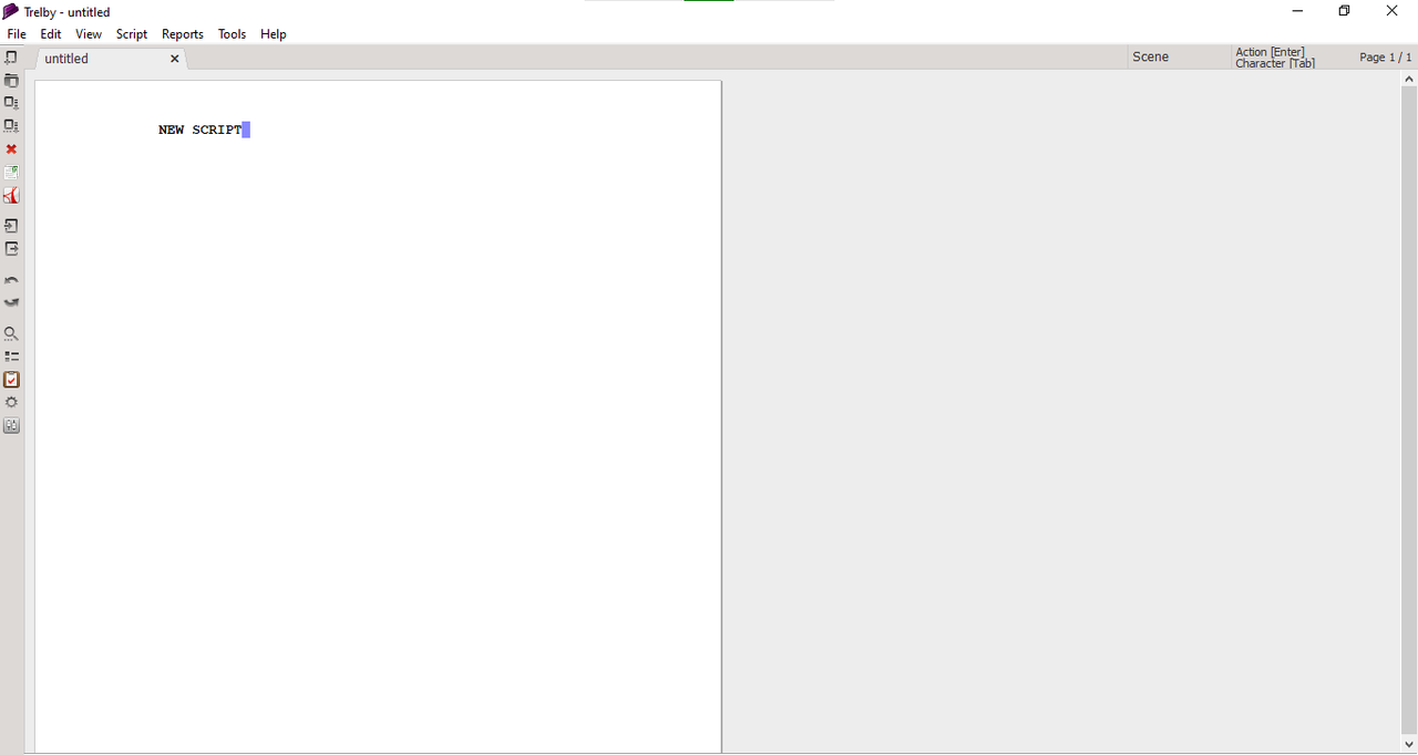 Screenshot of Trelby scriptwriting tool interface